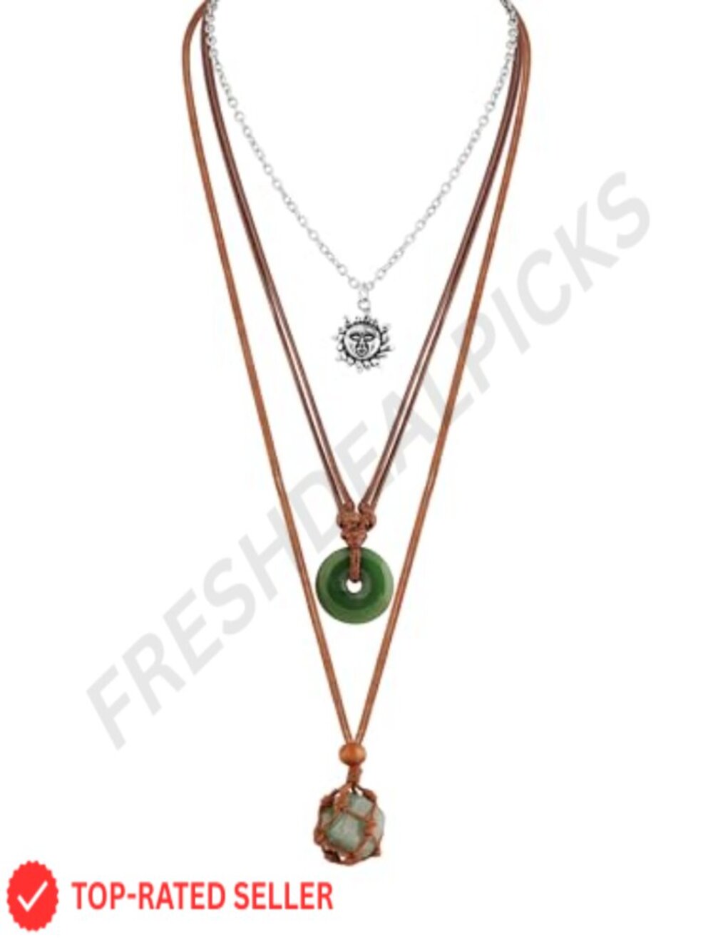 Boho Layered Pendant Necklace Multi Strand Aventurine Sun Charm Jewelry Gift